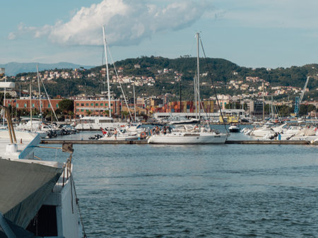 fishermen boats and harbour in La Spezia Italyの写真素材