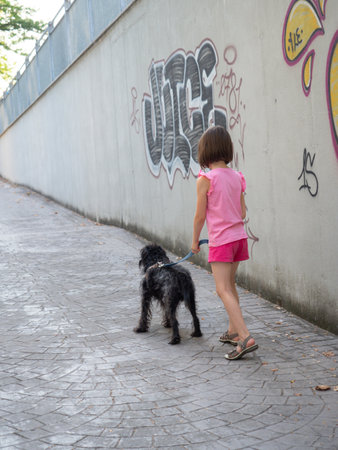 little girl walking the dog in a parkの写真素材