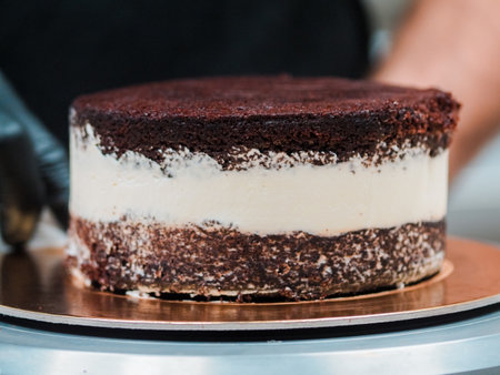 Chef cake designer preparing layered creamy cake base for frosted decoration and toppingの写真素材