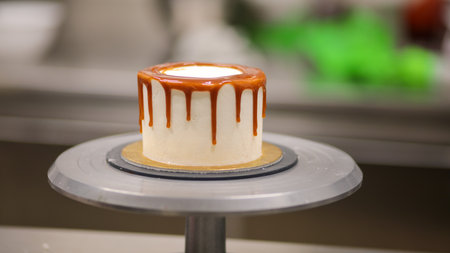 chef decorating the top of a frosted buttercream cakeの写真素材