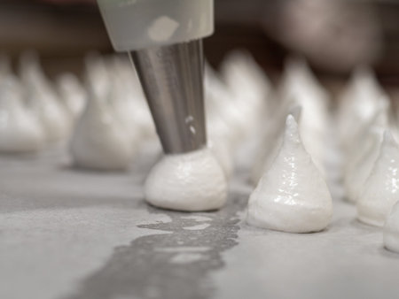 pastry chef baker artisan making white swirl and twirl meringue cones with piping bag filled with egg cream and sugar to bake for sweet preparationの写真素材