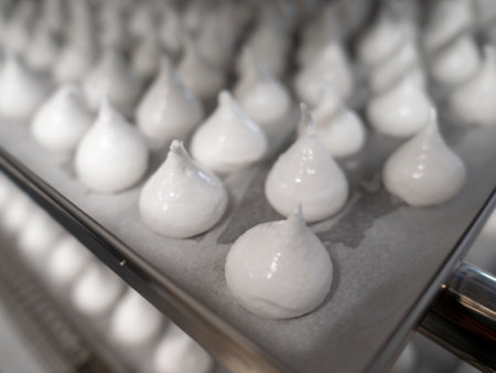 pastry chef baker artisan making white swirl and twirl meringue cones with piping bag filled with egg cream and sugar to bake for sweet preparationの写真素材