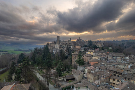 Aerial view of Castell'Arquato medieval village in Emilia Romagna, Italy at sunsetの写真素材