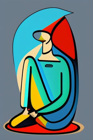 Depressed person teenager. Colorful illustration in cartoon style. Mental illness concept.の写真素材