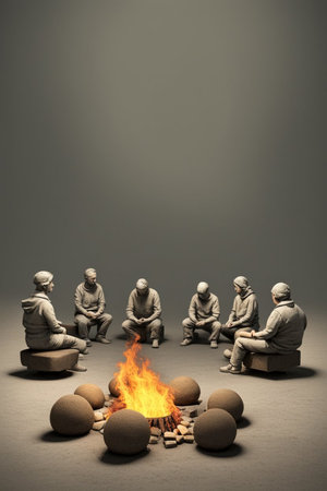 group of people meditating and hanging around a bonfire, illustration, generative ai artの素材
