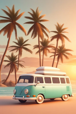 camper van parked next to beach and sea, vacations concept illustration, generative ai artの素材