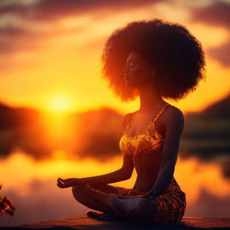 fit black woman character silhouette meditating at sunset at the river coast illustrationの素材