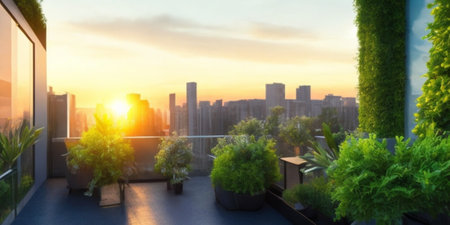 View of city with apartment buildings with green vegetation, plants, trees, on the balcony and terrace, sunset sky light illustration, generative ai artの素材
