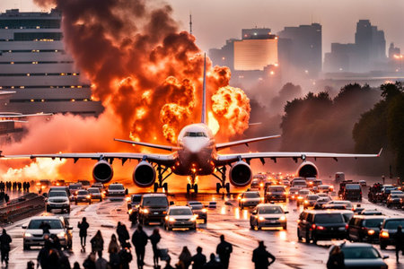 passenger airplane burning in the sky, explosion in the airport, crowd escaping generative ai artの素材