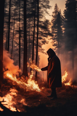 arson pyromaniacs giving fire to forest at sunset, smoke and fire getting bigger and taller. Pyromaniac burning forest environment criminals. Climate change crime.の素材