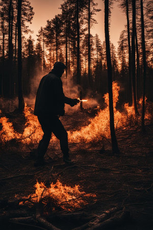 arson pyromaniacs giving fire to forest at sunset, smoke and fire getting bigger and taller. Pyromaniac burning forest environment criminals. Climate change crime.の素材