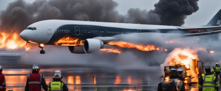 passenger airplane burning in the sky, explosion in the airport, crowd escaping generative ai artの素材