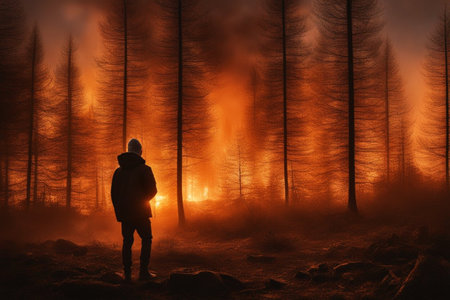 arson pyromaniacs giving fire to forest at sunset, smoke and fire getting bigger and taller. Pyromaniac burning forest environment criminals. Climate change crime.の素材