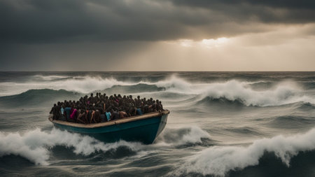 African migrants lost in a dangerous storm in Mediterranean sea, risking life, dreaming of bright future in Europeの素材