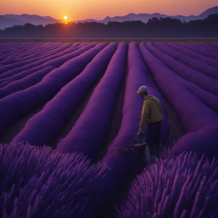 farmer standing in a lavender blossom field wearing denim overalls smiling illustration generative ai artの素材