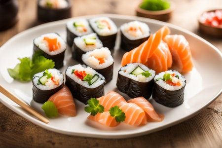 delicious ready to eat asian sushi rolls in a dish over a dark wooden table, editorial style high quality photoの素材