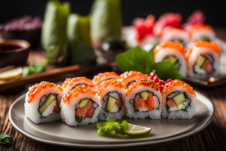 delicious ready to eat asian sushi rolls in a dish over a dark wooden table, editorial style high quality photoの素材