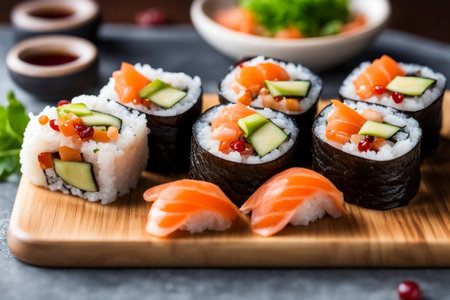 delicious ready to eat asian sushi rolls in a dish over a dark wooden table, editorial style high quality photoの素材