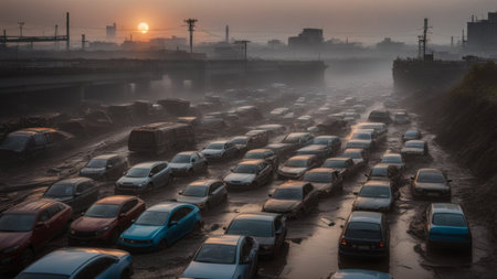 massive people escaping city in fire after explosion, apocalyptical scene, dystopian illustration...