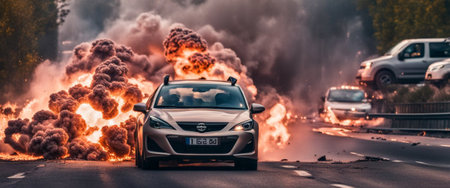 electric ev car burning in flames as batteries exploded illustration generative ai artの素材
