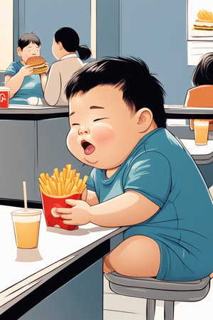 obese boy girl eating fast food, hamburger, french fries - unhealthy eating concept illustration generative ai artの素材
