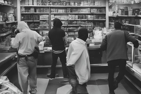 a gang of ai generated shoplifters gang robbing a retail shop after marching generative artの素材