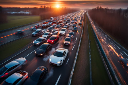 accident and explosion burn fire flames, sunset in the motorway in winter time, generative ai artの素材