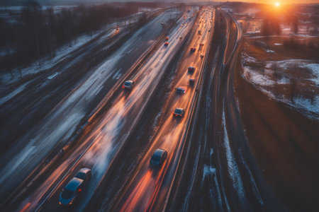 accident and explosion burn fire flames, sunset in the motorway in winter time, generative ai artの素材