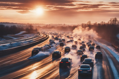 accident and explosion burn fire flames, sunset in the motorway in winter time, generative ai artの素材