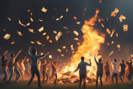 happy people burn throw cash money waste to trash or wind generative ai artの素材
