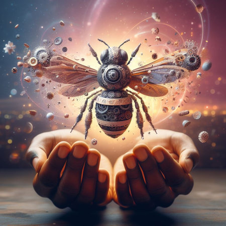 hands protect care steampunk bee important element of the ecology, save planet from climate change generative ai artの素材