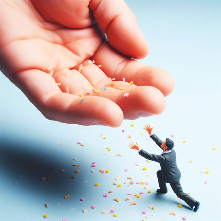 greedy elegant man beg grab fight desperate for gold confetti from a big boss hand, greed concept abstract illustration ai generative artの素材