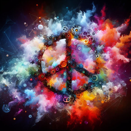 a color explosion of paint render a steampunk geared poly peace symbol creation abstract scupture generative ai artの素材