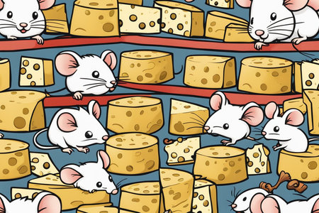 mice eating cheese in a party comic illustration allegory with blue background and flagsの素材