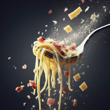 spaghetti carbonara italian dish in fly slapsh effect macro photography shot generative ai artの素材