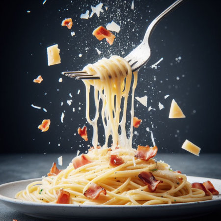 spaghetti carbonara italian dish in fly slapsh effect macro photography shot generative ai artの素材