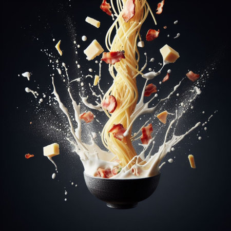 spaghetti carbonara italian dish in fly slapsh effect macro photography shot generative ai artの素材