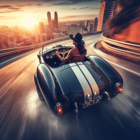 woman fast drive cabrio vintage car jumping slope arriving the city motion blurred generative ai artの素材