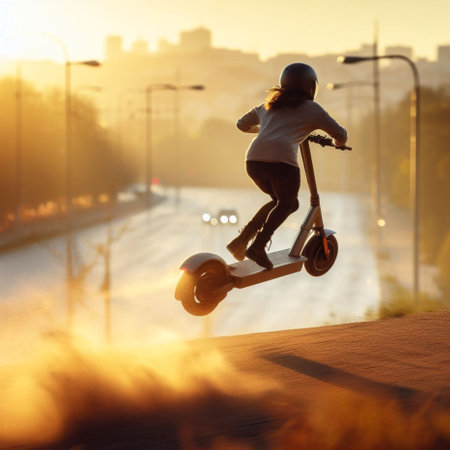 woman fast drive electric scooter jumping slope arriving the city motion blurred generative ai artの素材