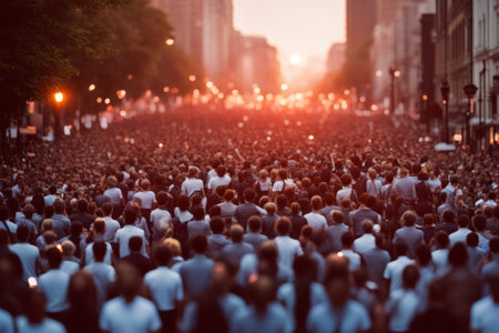 big crowd of people march at sunset hold candlelights for peace, women rights, sunset in the city generative ai artの素材