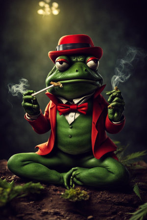 elegant southern cool frog smoking character near a pond at sunset generative ai art illustrationの素材