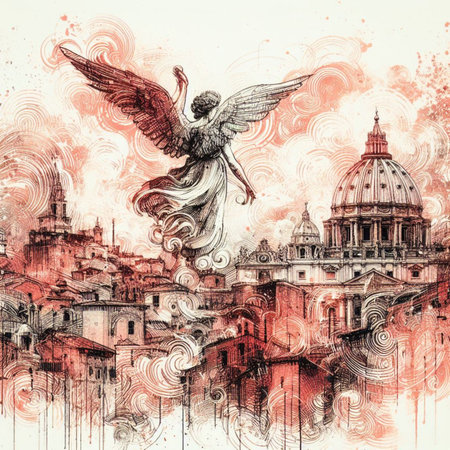 protective guarding angel over a cityscape red black drawing art generative ai artの素材
