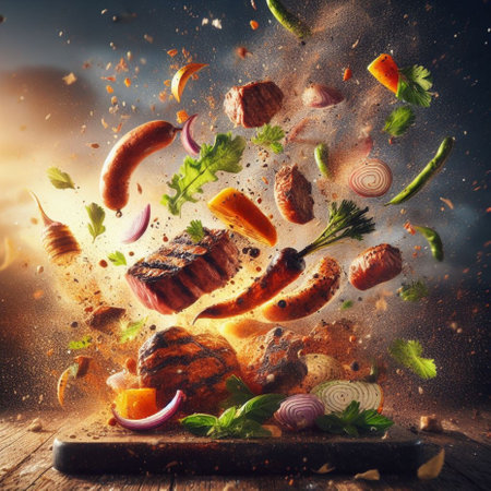 meat barbacue flying pieces of meat and veggies , splahing sauces, sunset golden light generative ai artの素材