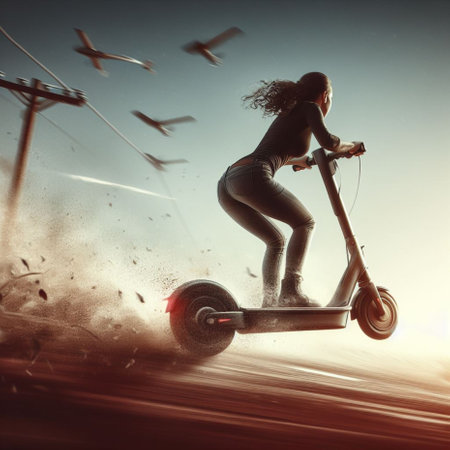 woman fast drive electric scooter jumping slope arriving the city motion blurred generative ai artの素材