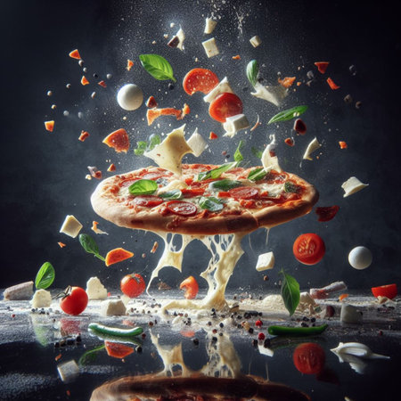 flying splashing mozzarella bufala italian pizza with tomato sauce and basil food photography generative ai artの素材