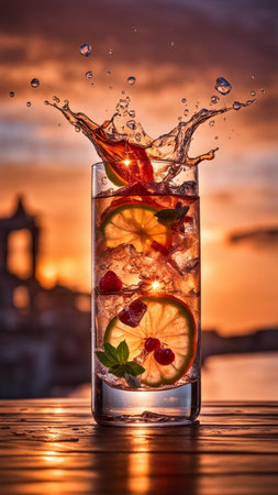 flying cocktail making spritz mohito splash fruit drink berry elements macro shot generative ai artの素材