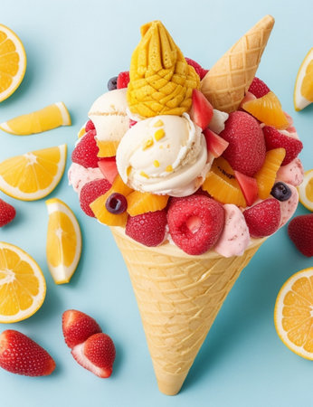 a cone full of fresh icecream and big pieces of tropical fruits isolated gradient background generative ai artの素材