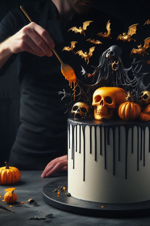 pastry chef decorating halloween frosted icing cake for holiday party celebration generative ai artの素材