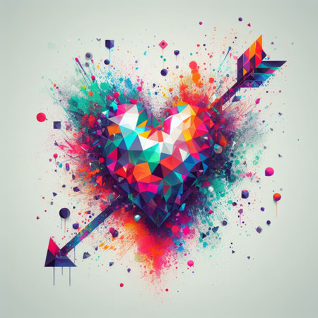a color explosion of paint render a steampunk geared poly transparent heart - love concept generative ai artの素材