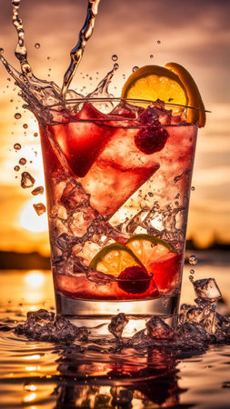 flying cocktail making spritz mohito splash fruit drink berry elements macro shot generative ai artの素材